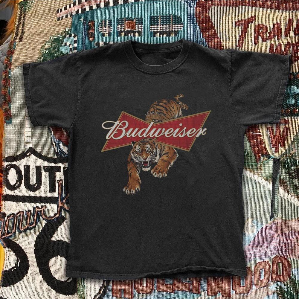 Budweiser Beer Bowtie Tiger Logo Vintage Faded Black Graphic T-Shirt